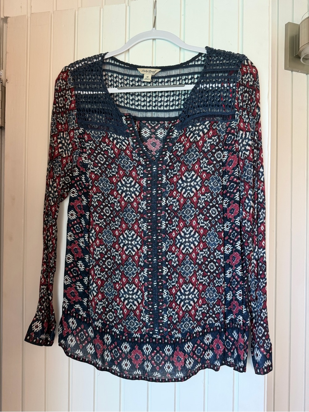 Lucky Brand Crochet Yoke Printed Long Sleeve Top - Navy, Pink & White